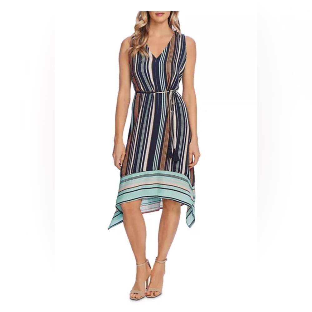 Vince Camuto Women's XL Sleeves Striped Belted with Asymmetric Hem Dress |NWT|